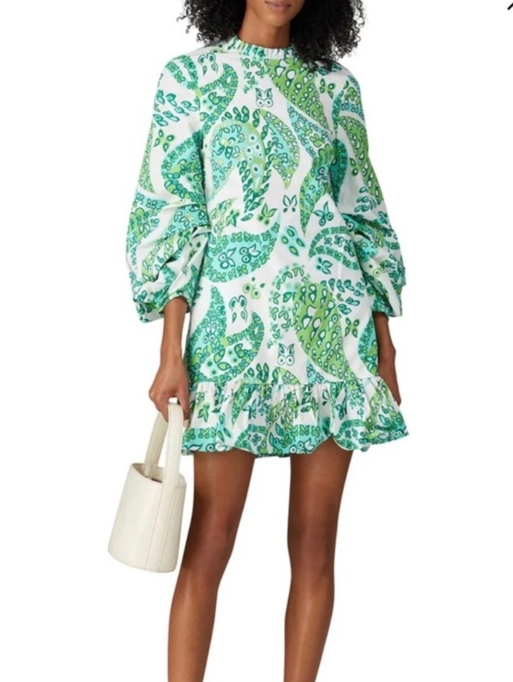 Staud Women's Green Paisley Print Cotton Long Sleeve Mock Neck Dress Size 6